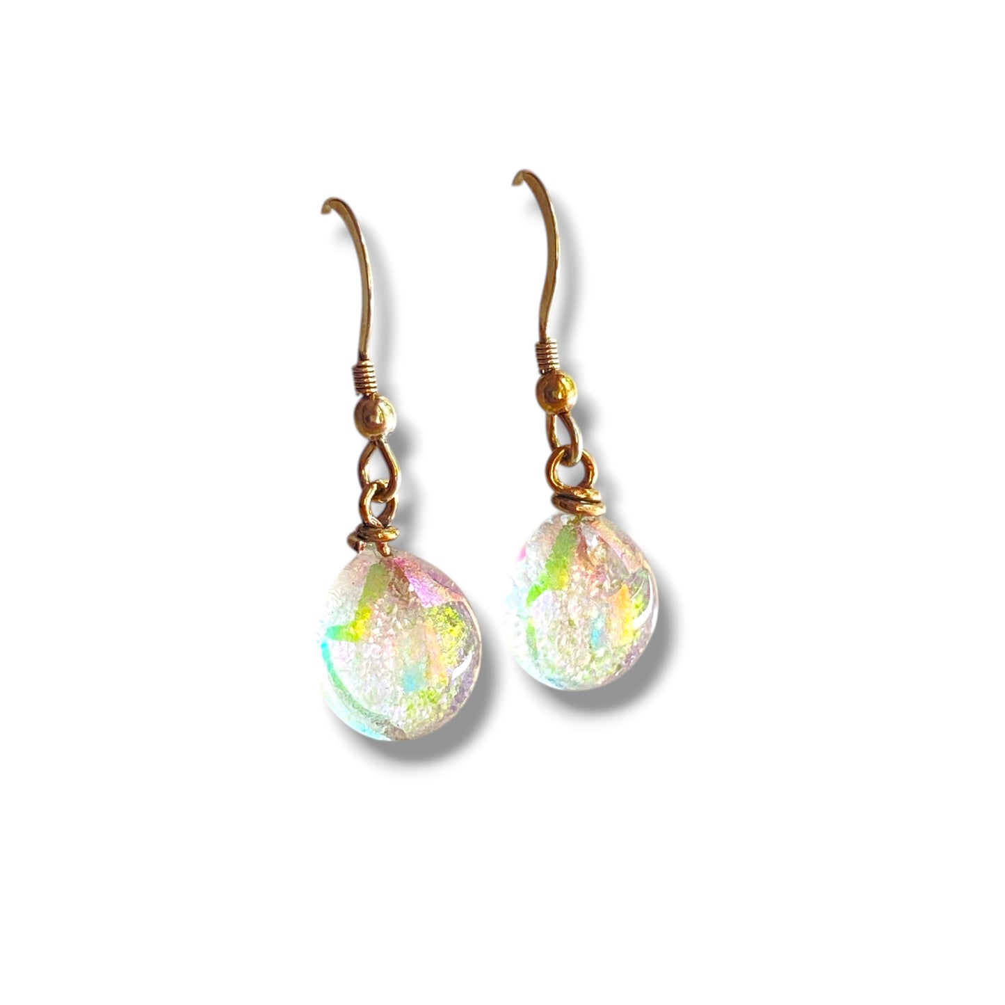 Space Ball Earrings in Green. Pink & Orange Dichroic