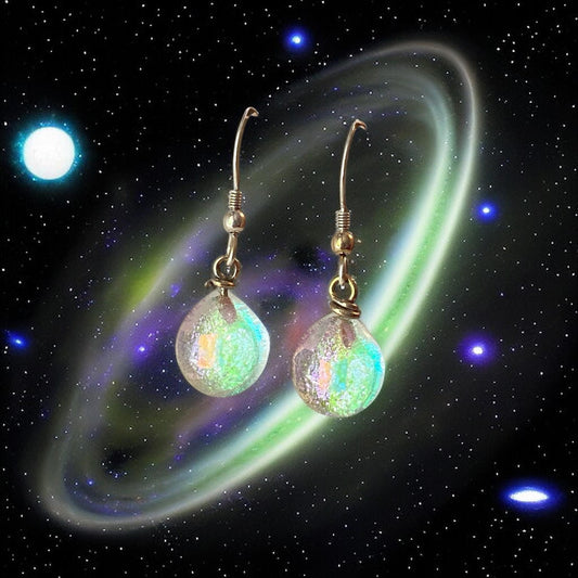 Space Ball Earrings in Green. Pink & Orange Dichroic