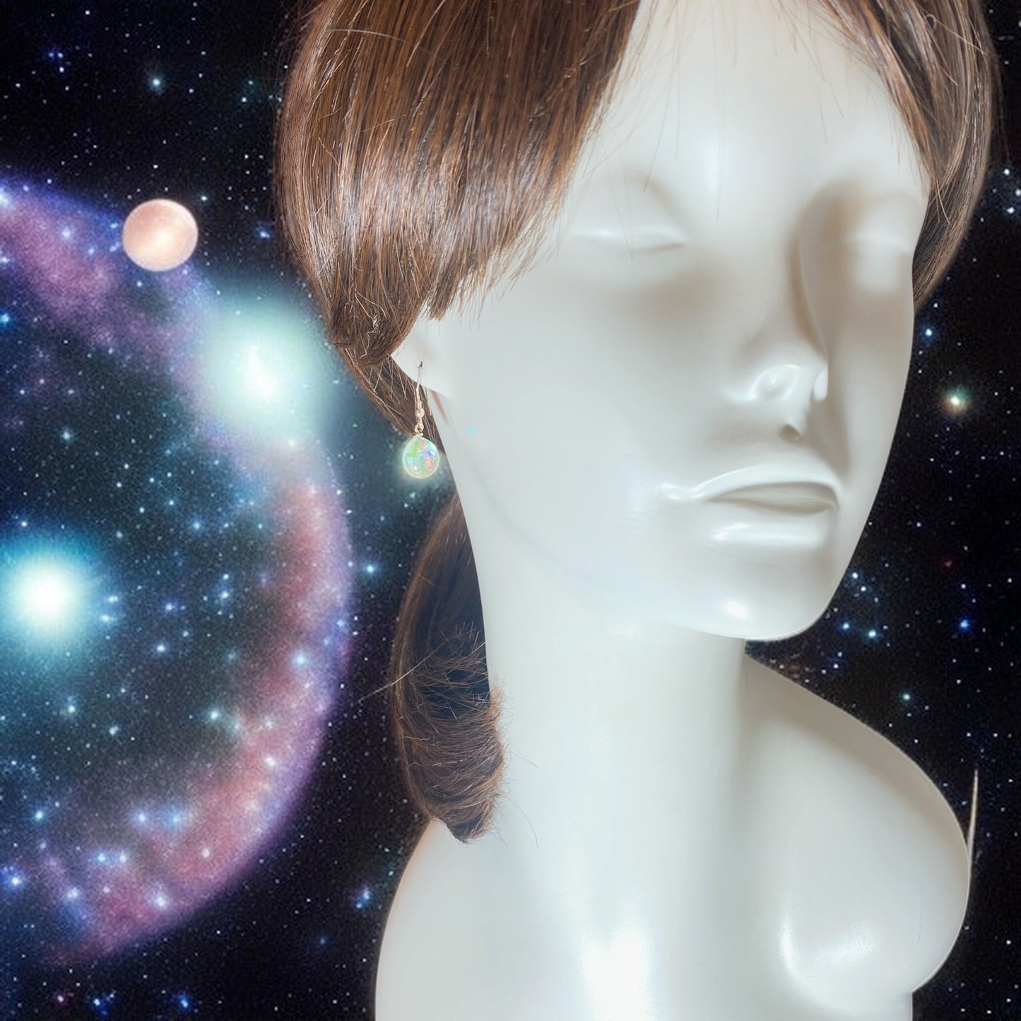 Space Ball Earrings in Green. Pink & Orange Dichroic