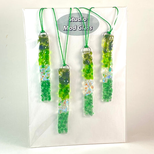 Four (4) Frit RECTANGLE Ornaments in Greens with Dichroic