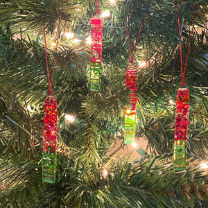 Four (4) Frit RECTANGLE Ornaments in Red & Green