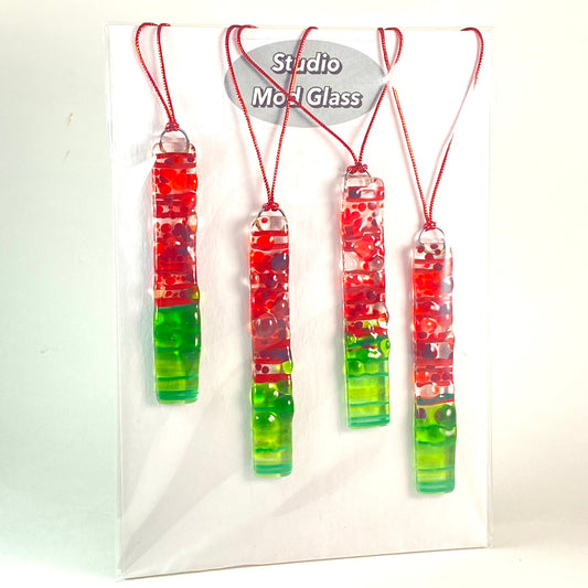 Four (4) Frit RECTANGLE Ornaments in Red & Green