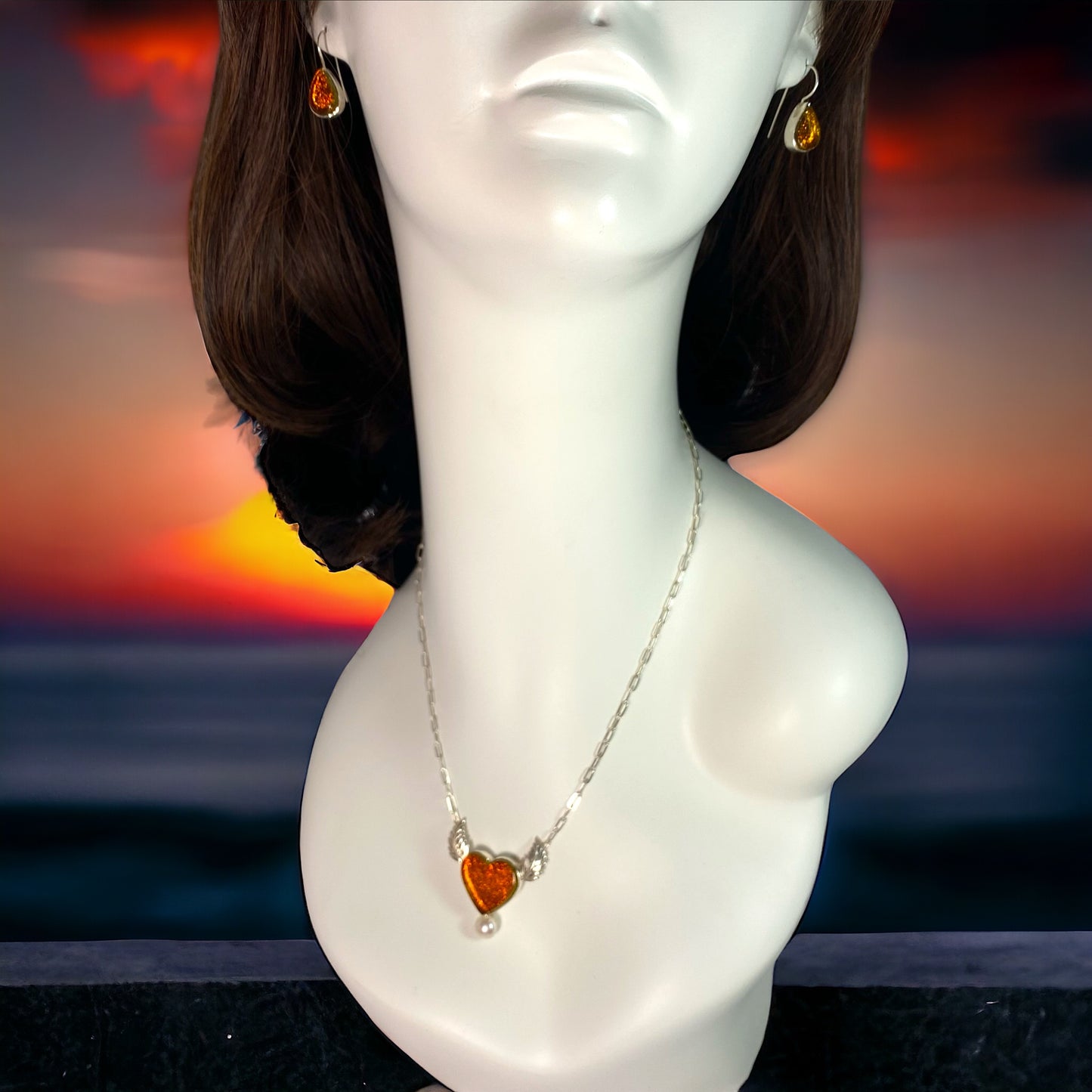 Heart Necklace in Amber with Pearl & Silver Wings