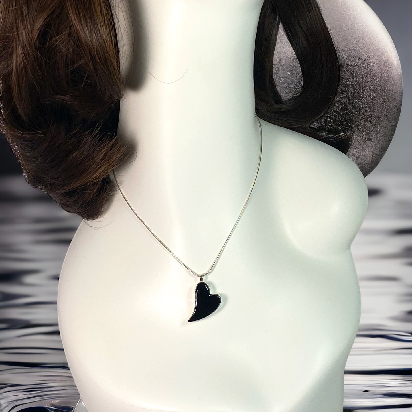Large Curved Heart Necklace in Black