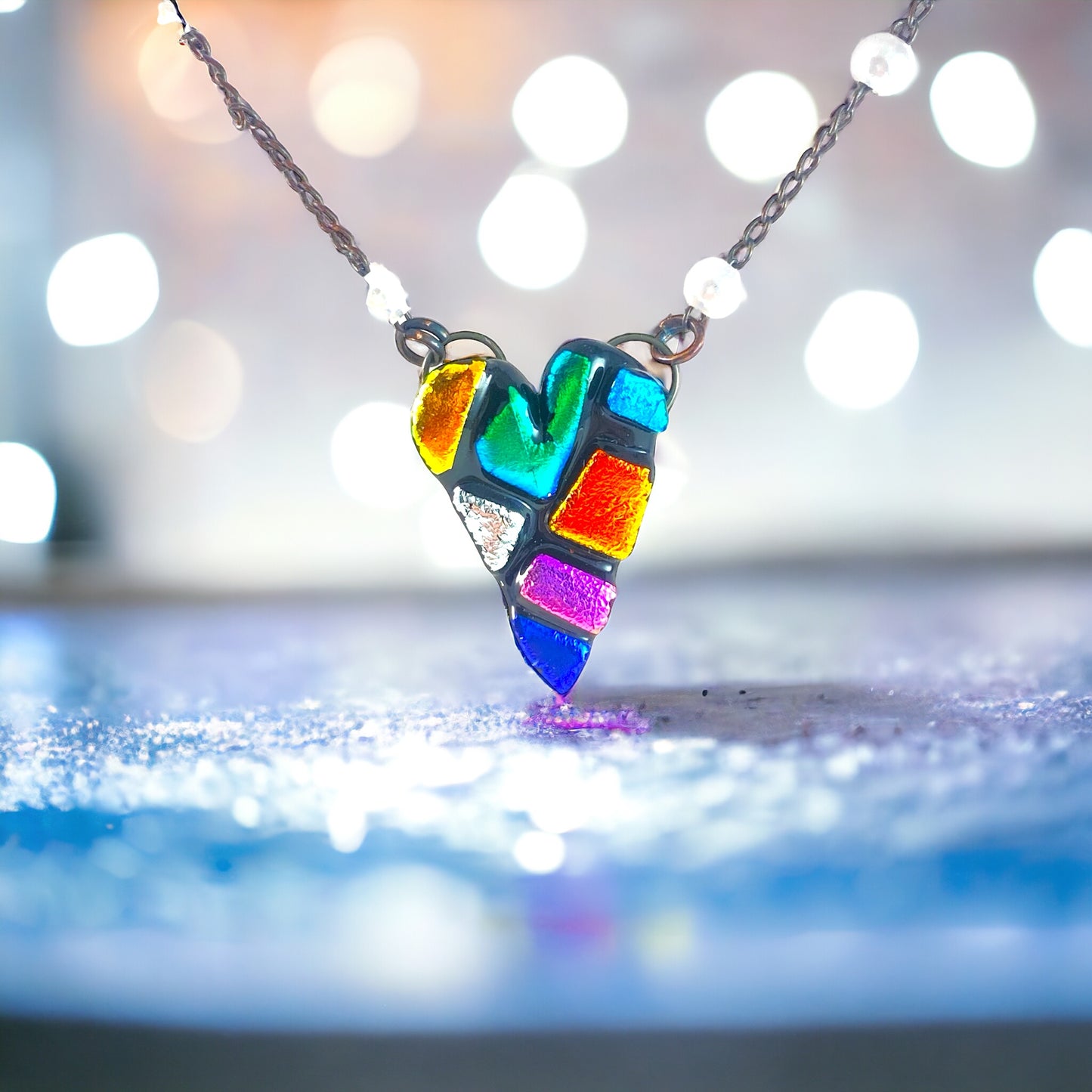 Dichroic Glass Heart Necklace in Black (c)