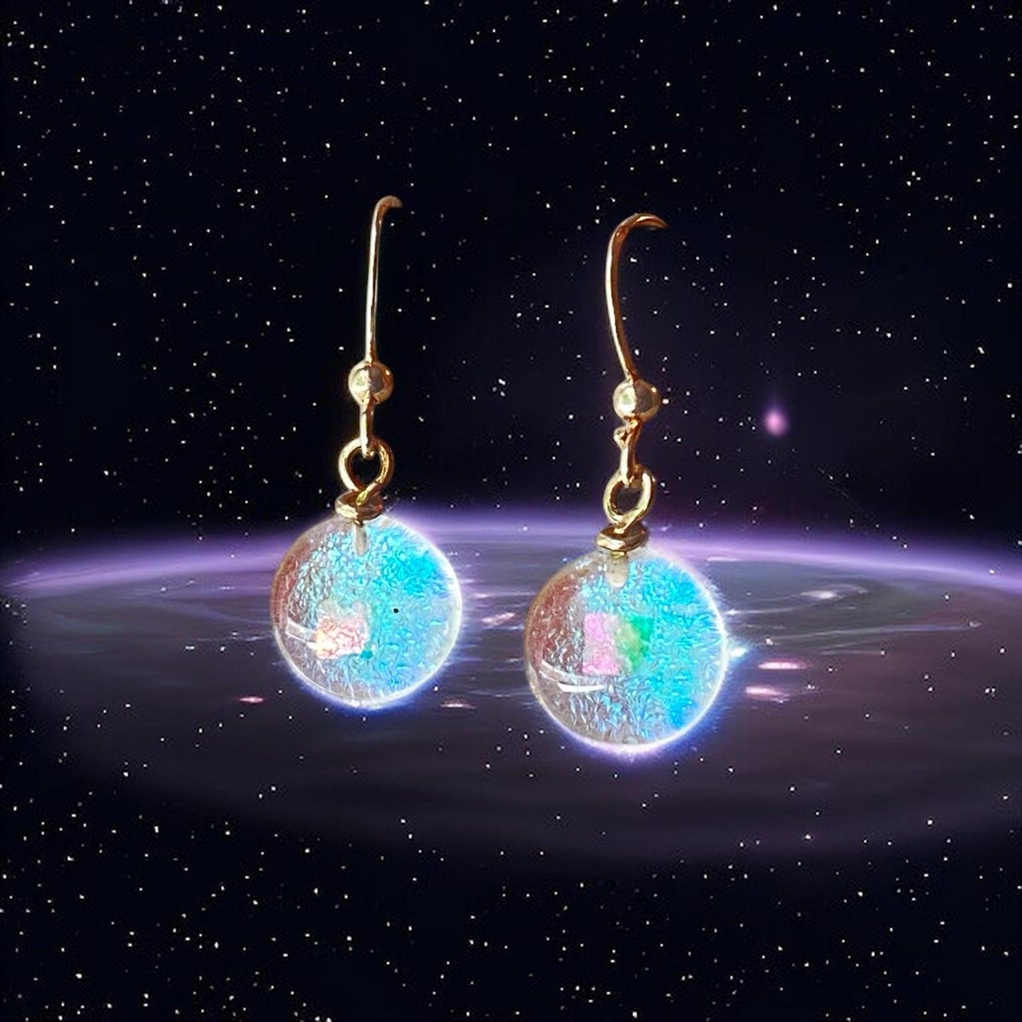 Space Ball Earrings in Blue & Green Dichroic