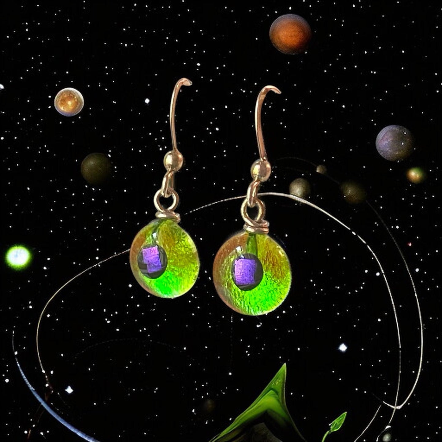 Space Ball Earrings in Citron Green & Purple