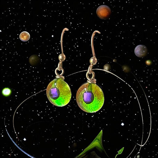Space Ball Earrings in Citron Green & Purple
