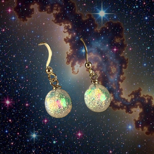 Space Ball Earrings in Gold & Green Dichroic