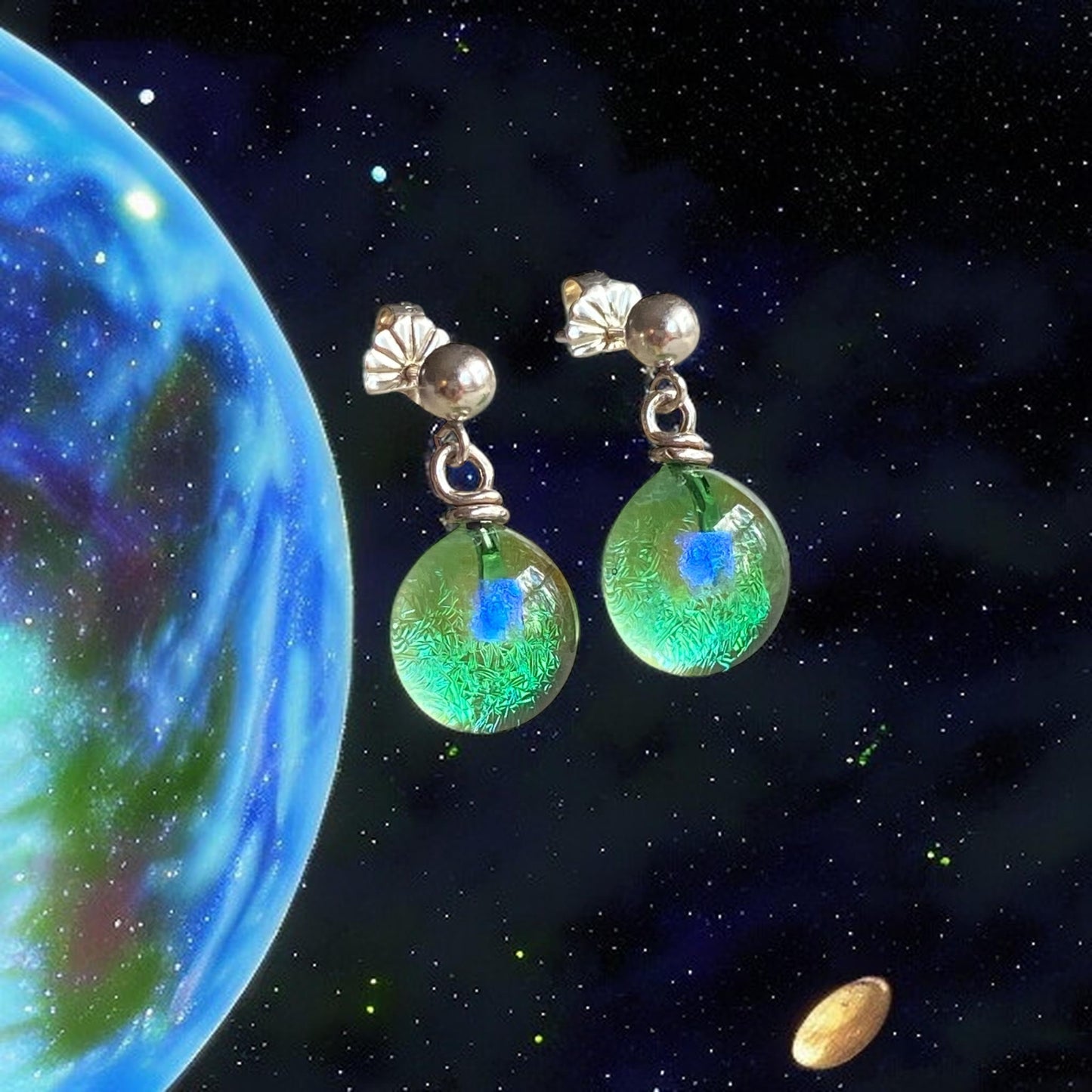 Post Space Ball Earrings in Clear Grass Green