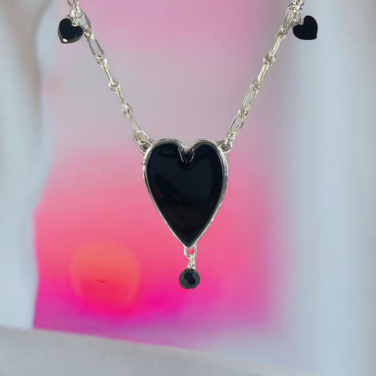 Black Heart Necklace with Heart Bead Chain