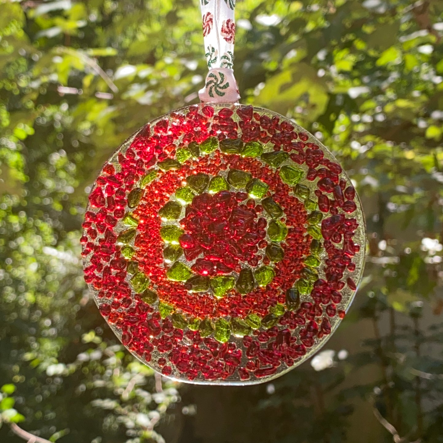 Large Circle Ornament in Red,Green & Clear Frit Bullseye