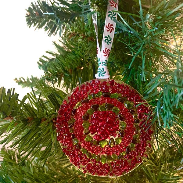 Large Circle Ornament in Red,Green & Clear Frit Bullseye