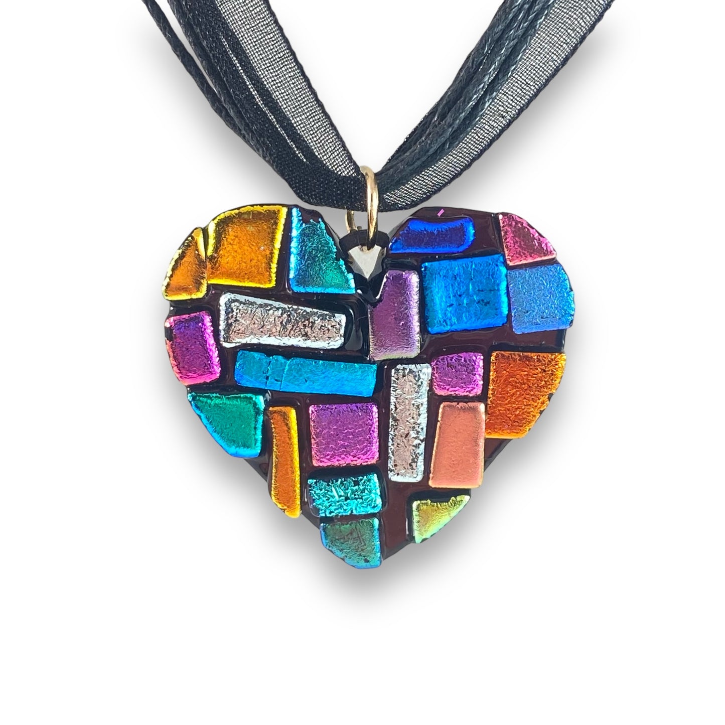 Dichroic Glass Heart Necklace in Black Multicolor