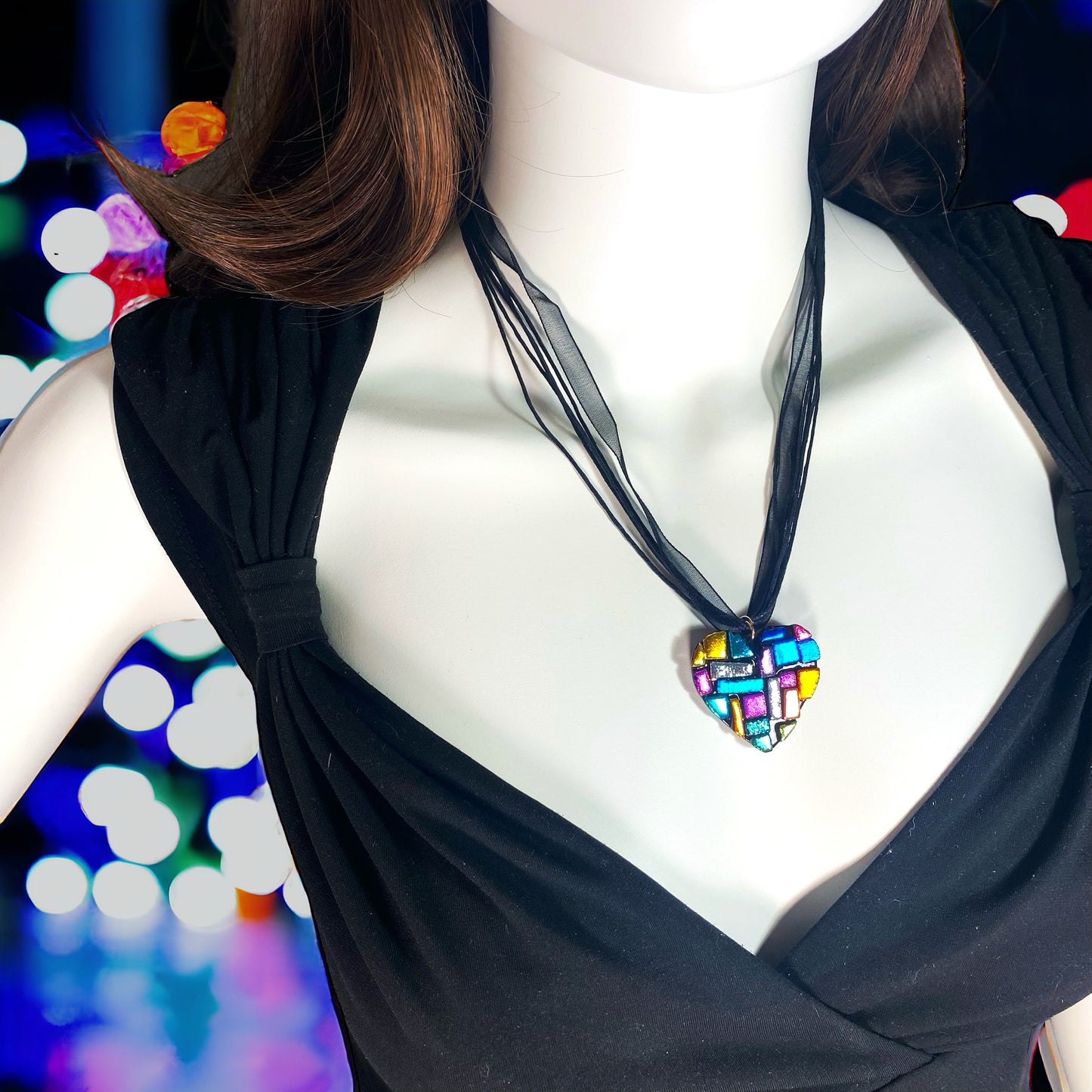 Dichroic Glass Heart Necklace in Black Multicolor