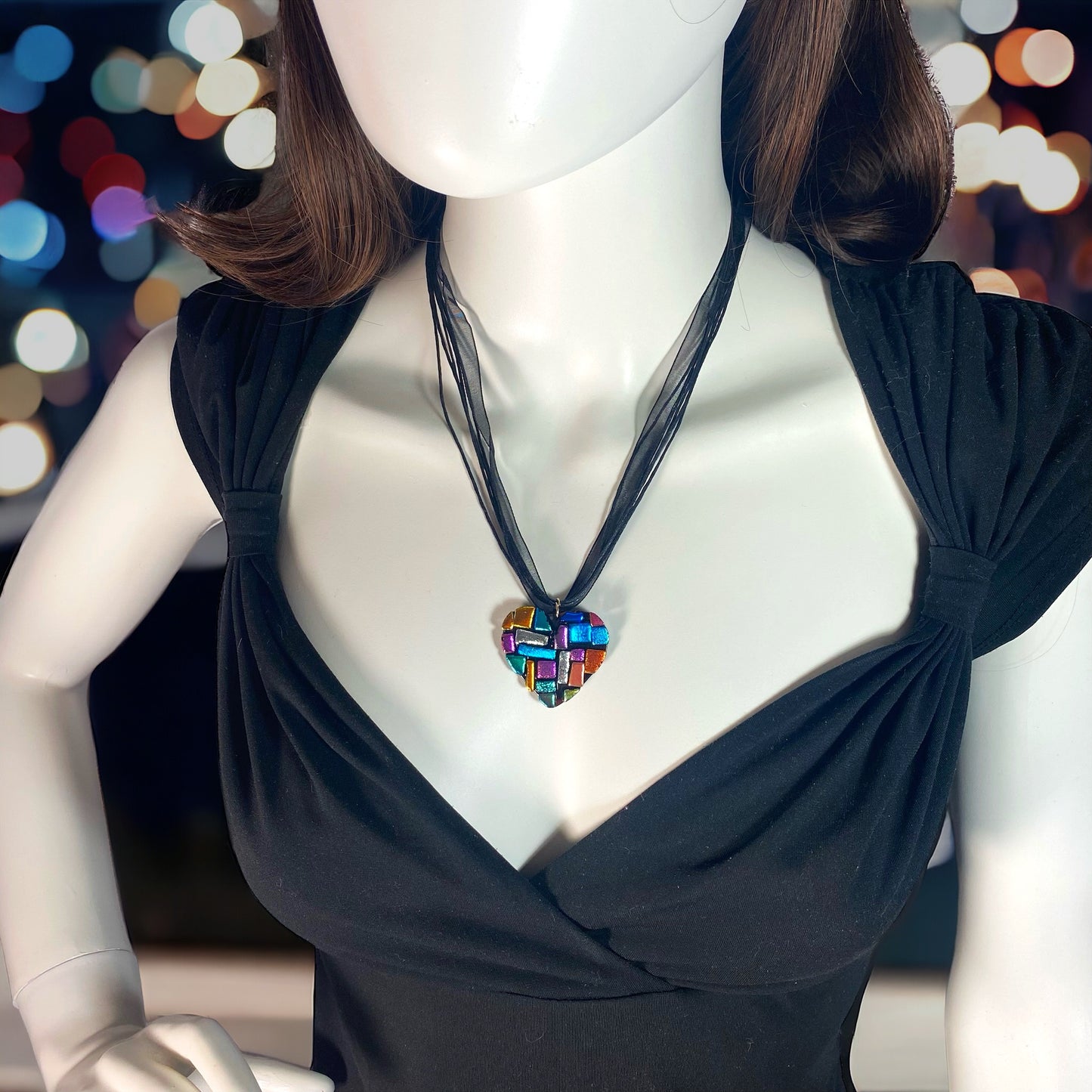 Dichroic Glass Heart Necklace in Black Multicolor