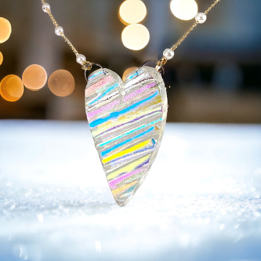 Large Stripe Dichroic Glass Heart Necklace