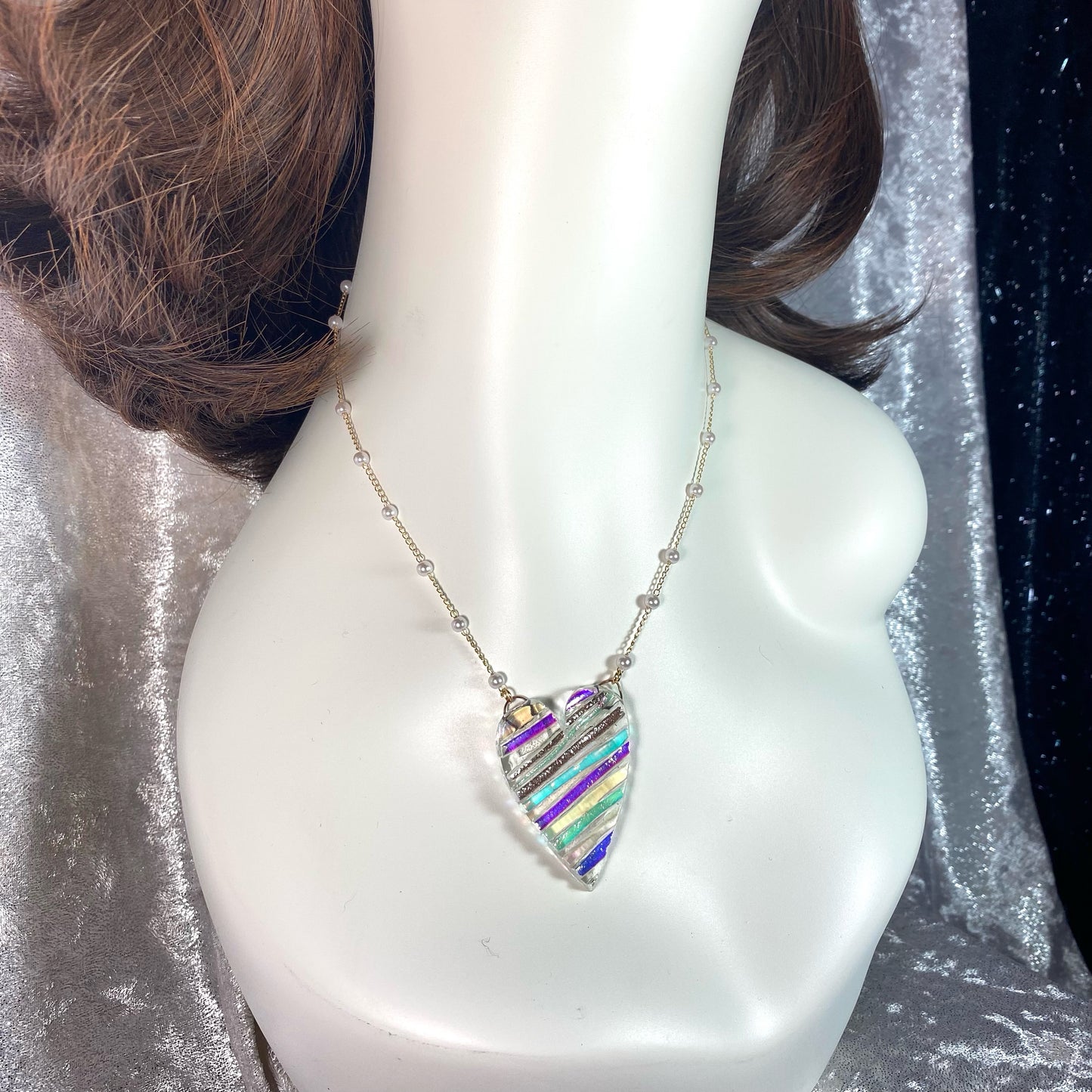 Large Stripe Dichroic Glass Heart Necklace
