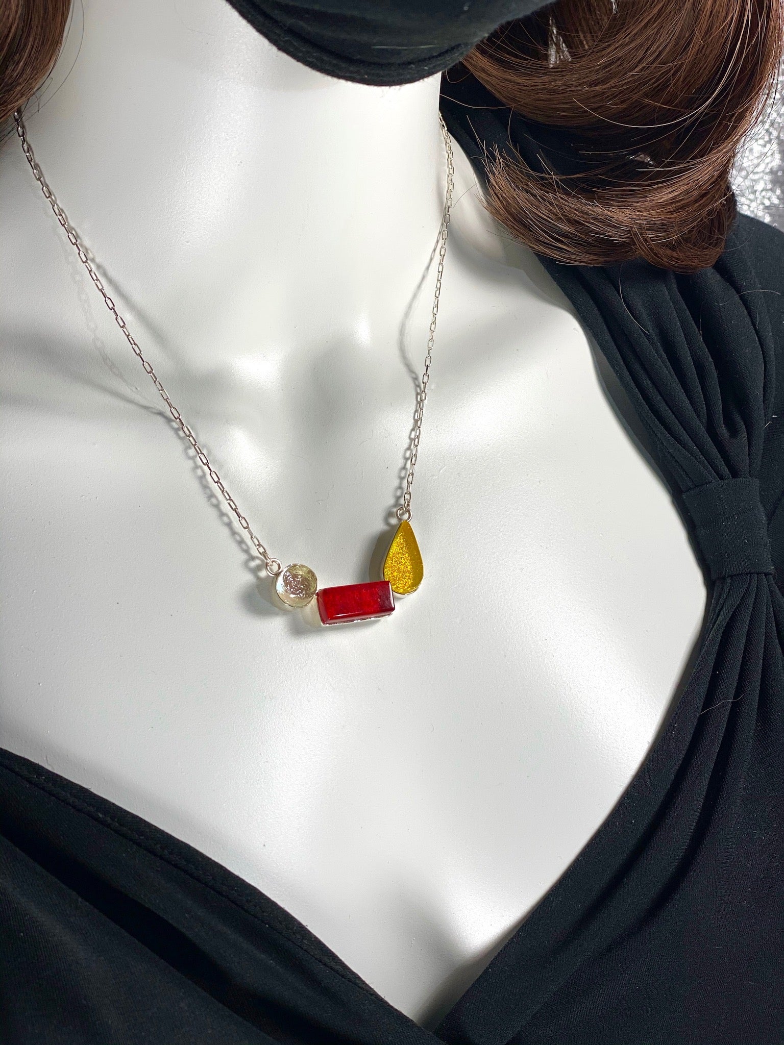 modern art inspired 3 element necklace, white, red, yellow, fused glass, glass jewelry, glass and silver jewelry, handmade, handcrafted, American Craft, hand fabricated jewelry, hand fabricated jewellery, Athen, Georgia, colorful jewelry, sparkle, bullseye glass, dichroic glass, art jewelry