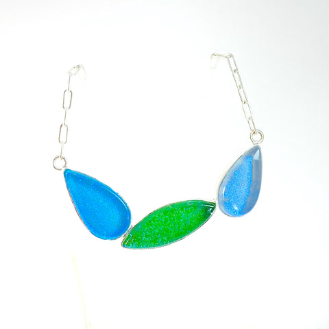 mid century modern, leaf necklace, three elements, blue, purple, green, fused glass, glass jewelry, glass and silver jewelry, handmade, handcrafted, American Craft, hand fabricated jewelry, hand fabricated jewellery, Athen, Georgia, colorful jewelry, sparkle, bullseye glass, dichroic glass, art jewelry 