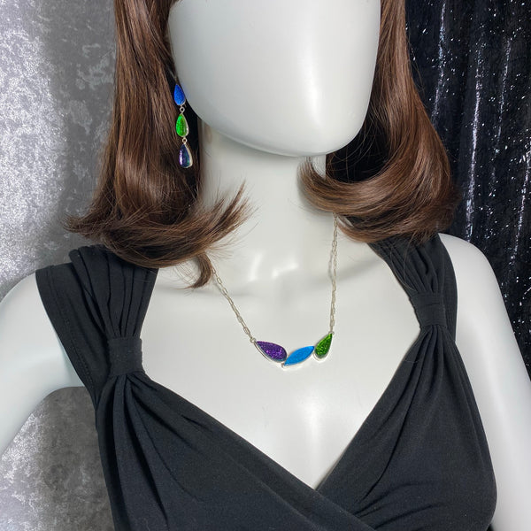 mid century modern, leaf necklace, three elements, purple, blue and green, fused glass, glass jewelry, glass and silver jewelry, handmade, handcrafted, American Craft, hand fabricated jewelry, hand fabricated jewellery, Athen, Georgia, colorful jewelry, sparkle, bullseye glass, dichroic glass, art jewelry