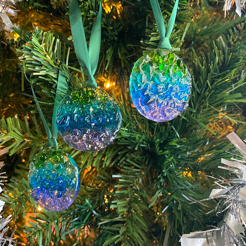 Three (3) Frit Circle Ornaments in Green, Blue & Purple
