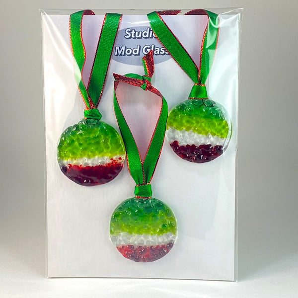 Three (3) Frit Circle Ornaments in Red, Green & Clear