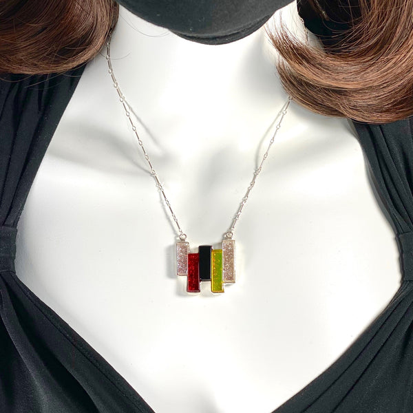5 bar necklace, rectangles in pearl white, cherry red, black and lemon yellow, fused glass, glass jewelry, glass and silver jewelry, handmade, handcrafted, American Craft, hand fabricated jewelry, hand fabricated jewellery, Athen, Georgia, colorful jewelry, sparkle, bullseye glass, dichroic glass, art jewelry