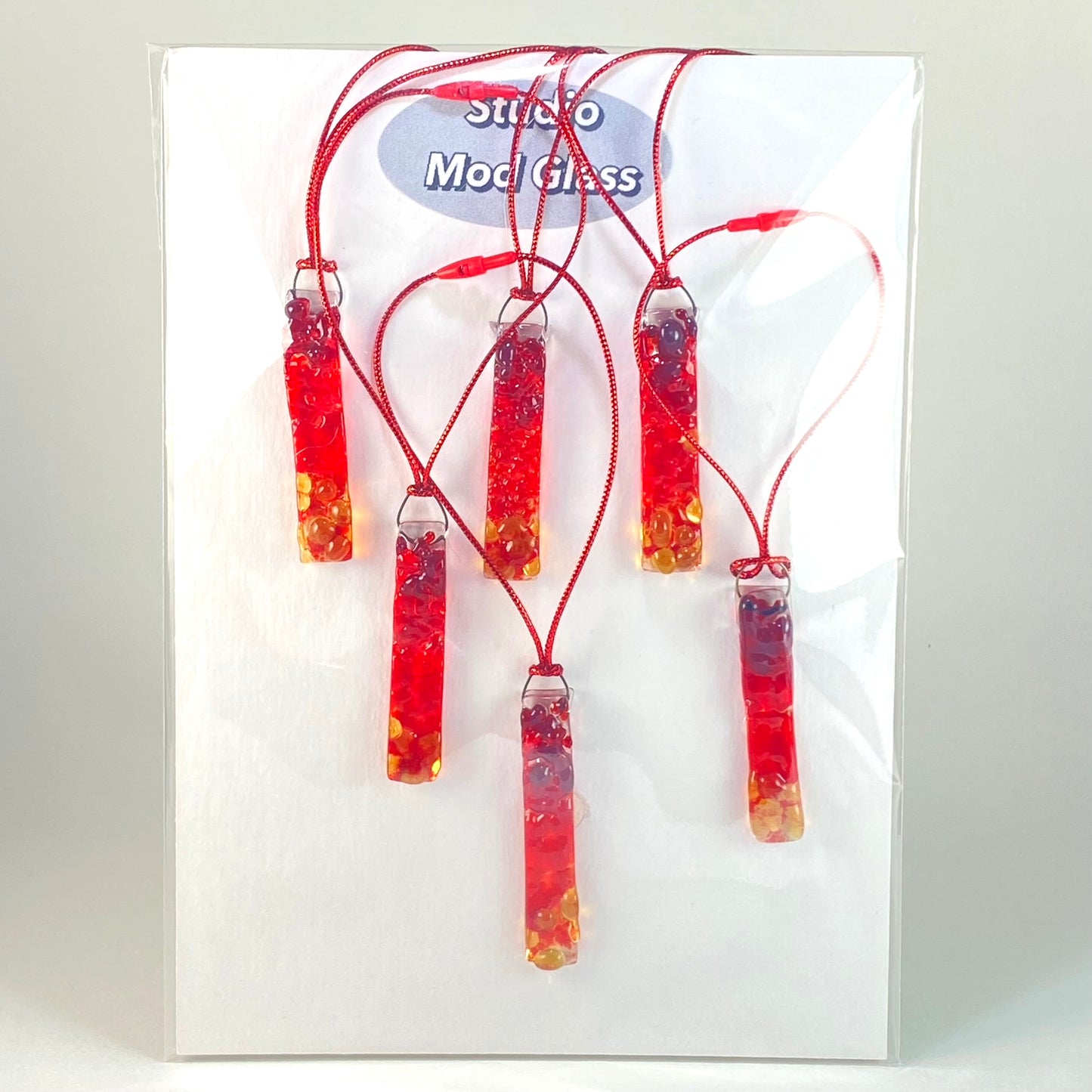 Six (6) Frit RECTANGLE Ornaments in Red & Amber