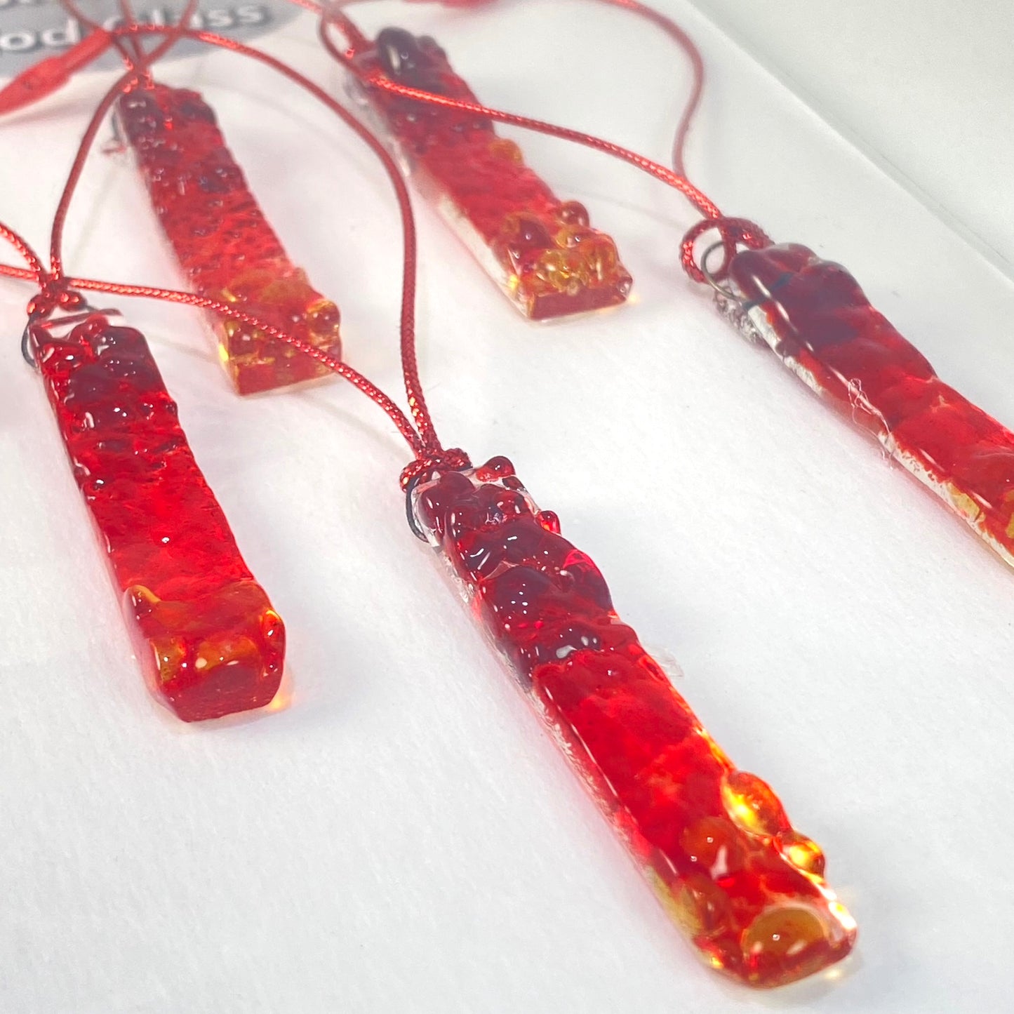 Six (6) Frit RECTANGLE Ornaments in Red & Amber