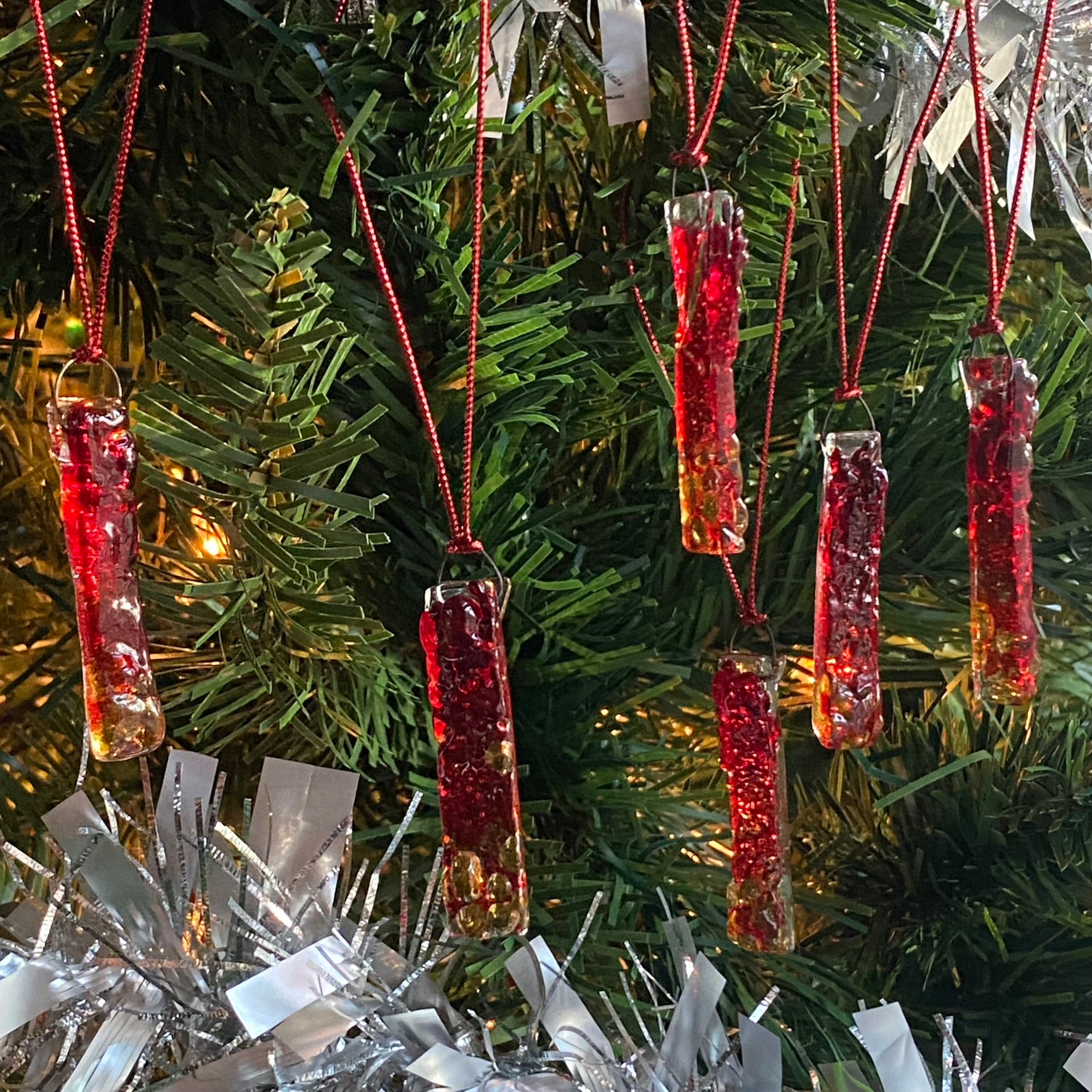 Six (6) Frit RECTANGLE Ornaments in Red & Amber