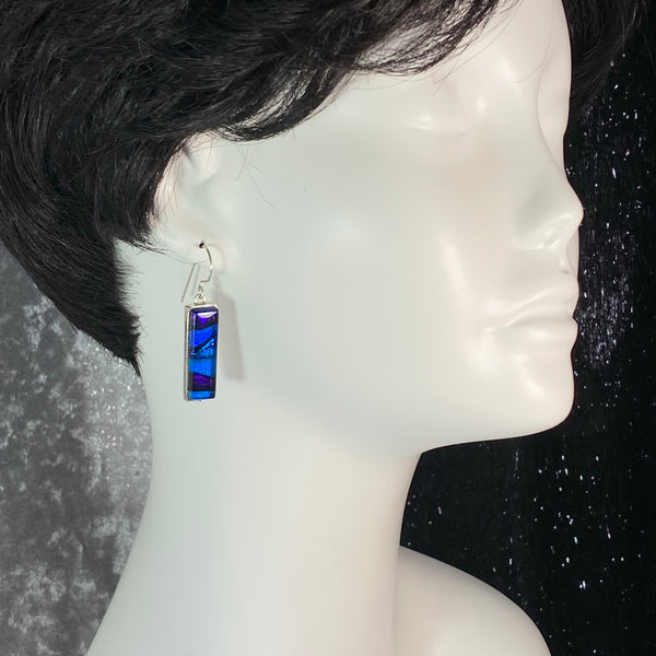 blue mixture mosaic rectangle earrings, fused glass, glass jewelry, glass and silver jewelry, handmade, handcrafted, American Craft, hand fabricated jewelry, hand fabricated jewellery, Athen, Georgia, colorful jewelry, sparkle, bullseye glass, dichroic glass, art jewelry