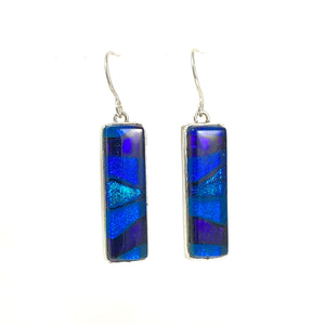 blue mixture mosaic rectangle earrings, fused glass, glass jewelry, glass and silver jewelry, handmade, handcrafted, American Craft, hand fabricated jewelry, hand fabricated jewellery, Athen, Georgia, colorful jewelry, sparkle, bullseye glass, dichroic glass, art jewelry