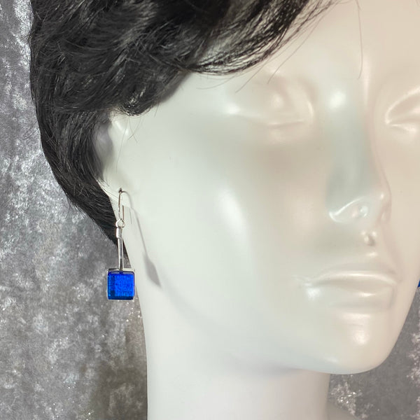 blue, swing earrings, fused glass, glass jewelry, glass and silver jewelry, handmade, handcrafted, American Craft, hand fabricated jewelry, hand fabricated jewellery,  Athen, Georgia, colorful jewelry, sparkle, bullseye glass, dichroic glass, art jewelry  