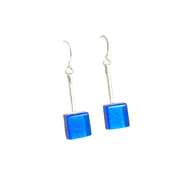blue, swing earrings, fused glass, glass jewelry, glass and silver jewelry, handmade, handcrafted, American Craft, hand fabricated jewelry, hand fabricated jewellery,  Athen, Georgia, colorful jewelry, sparkle, bullseye glass, dichroic glass, art jewelry  