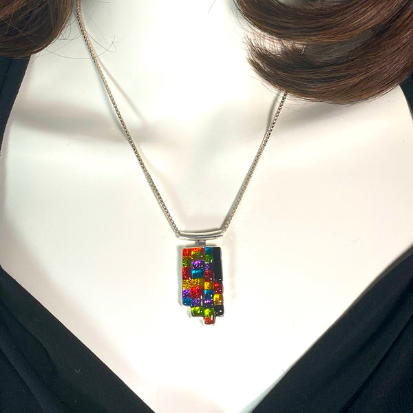 Multicolor mosaic pendant, necklace, glass jewelry, glass and silver jewelry, handmade, handcrafted, American Craft, hand fabricated jewelry, hand fabricated jewellery, Athen, Georgia, colorful jewelry, sparkle, bullseye glass, dichroic glass, art jewelry