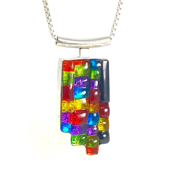 Multicolor mosaic pendant, necklace, glass jewelry, glass and silver jewelry, handmade, handcrafted, American Craft, hand fabricated jewelry, hand fabricated jewellery, Athen, Georgia, colorful jewelry, sparkle, bullseye glass, dichroic glass, art jewelry