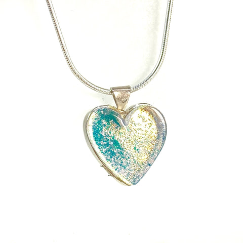 Light gold glass heart necklace, fused glass, glass jewelry, glass and silver jewelry, handmade, handcrafted, American Craft, hand fabricated jewelry, hand fabricated jewellery, Athens, Georgia, colorful jewelry, sparkle, bullseye glass, dichroic glass, art jewelry