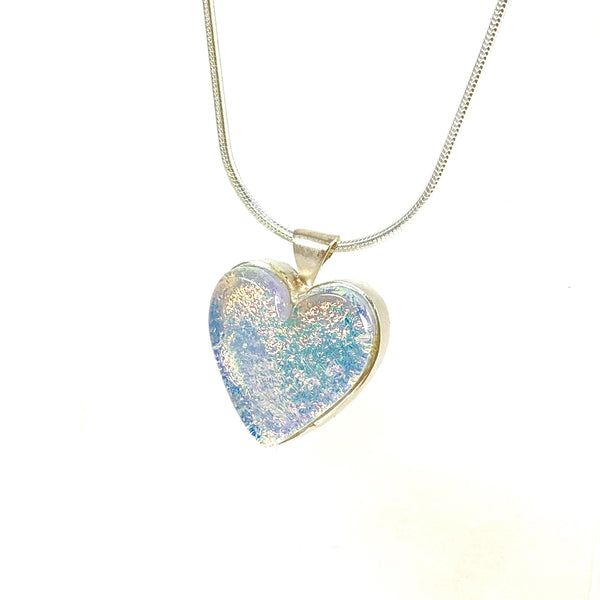 Light gold glass heart necklace, fused glass, glass jewelry, glass and silver jewelry, handmade, handcrafted, American Craft, hand fabricated jewelry, hand fabricated jewellery, Athens, Georgia, colorful jewelry, sparkle, bullseye glass, dichroic glass, art jewelry