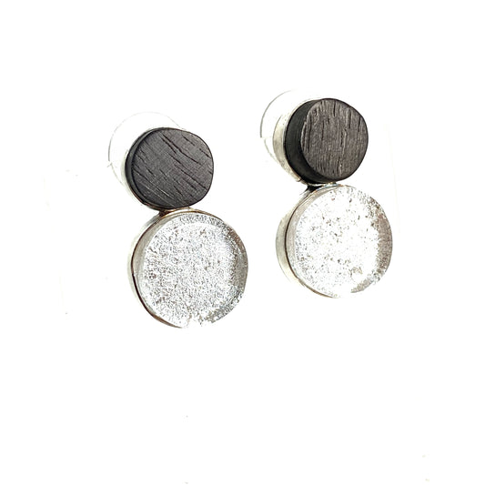 Mid century modern inspired earrings, hand cut ebony wood circles,  pearl white  glass circles, post earrings, fused glass, glass jewelry, glass and silver jewelry, handmade, handcrafted, American Craft, hand fabricated jewelry, hand fabricated jewellery, Athen, Georgia, colorful jewelry, sparkle, bullseye glass, dichroic glass, art jewelry