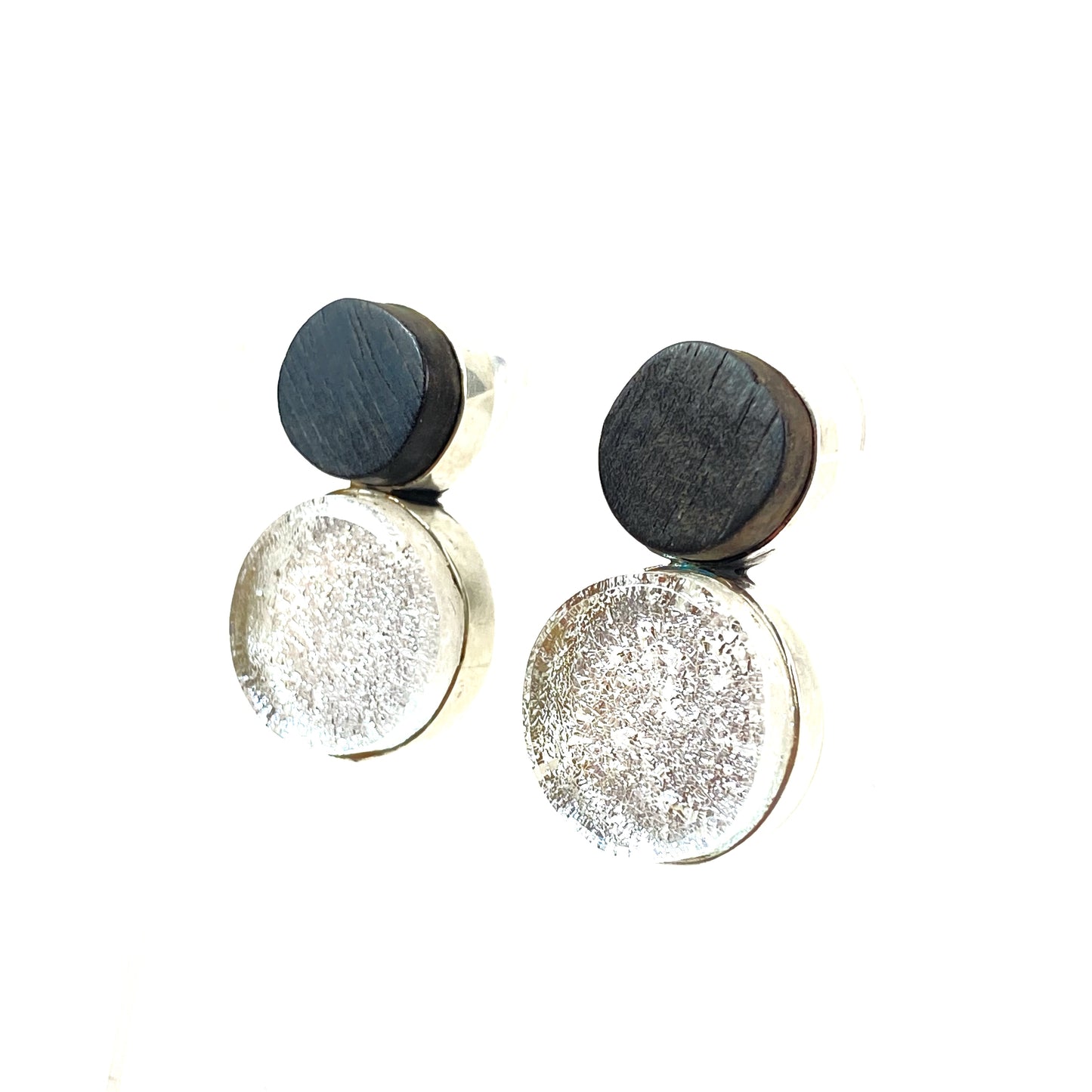 Mid century modern inspired earrings, hand cut ebony wood circles, pearl white glass circles, post earrings, fused glass, glass jewelry, glass and silver jewelry, handmade, handcrafted, American Craft, hand fabricated jewelry, hand fabricated jewellery, Athen, Georgia, colorful jewelry, sparkle, bullseye glass, dichroic glass, art jewelry