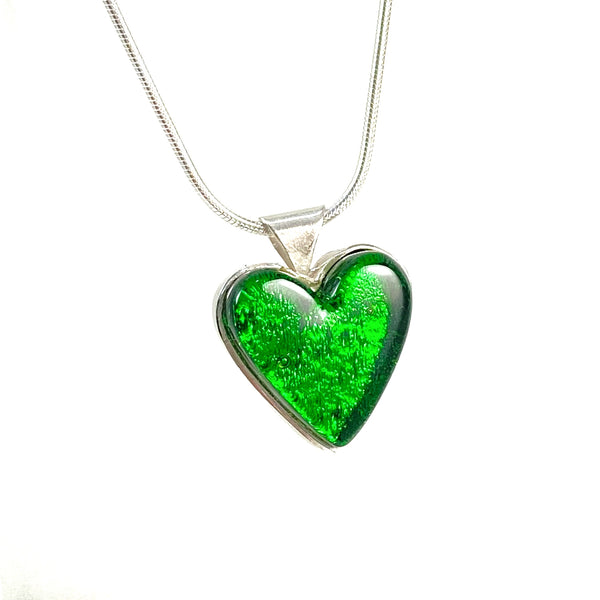 Bright emerald green heart necklace, fused glass, glass jewelry, glass and silver jewelry, handmade, handcrafted, American Craft, hand fabricated jewelry, hand fabricated jewellery, Athens, Georgia, colorful jewelry, sparkle, bullseye glass, dichroic glass, art jewelry