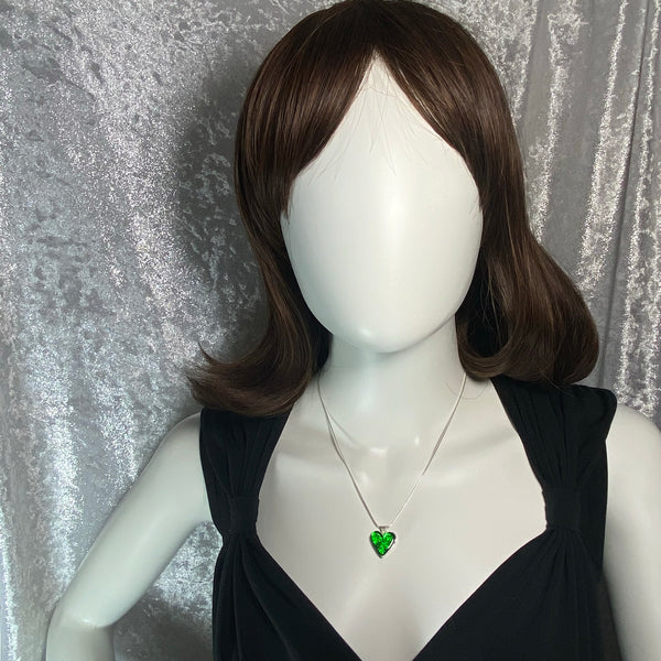Bright emerald green heart necklace, fused glass, glass jewelry, glass and silver jewelry, handmade, handcrafted, American Craft, hand fabricated jewelry, hand fabricated jewellery, Athens, Georgia, colorful jewelry, sparkle, bullseye glass, dichroic glass, art jewelry