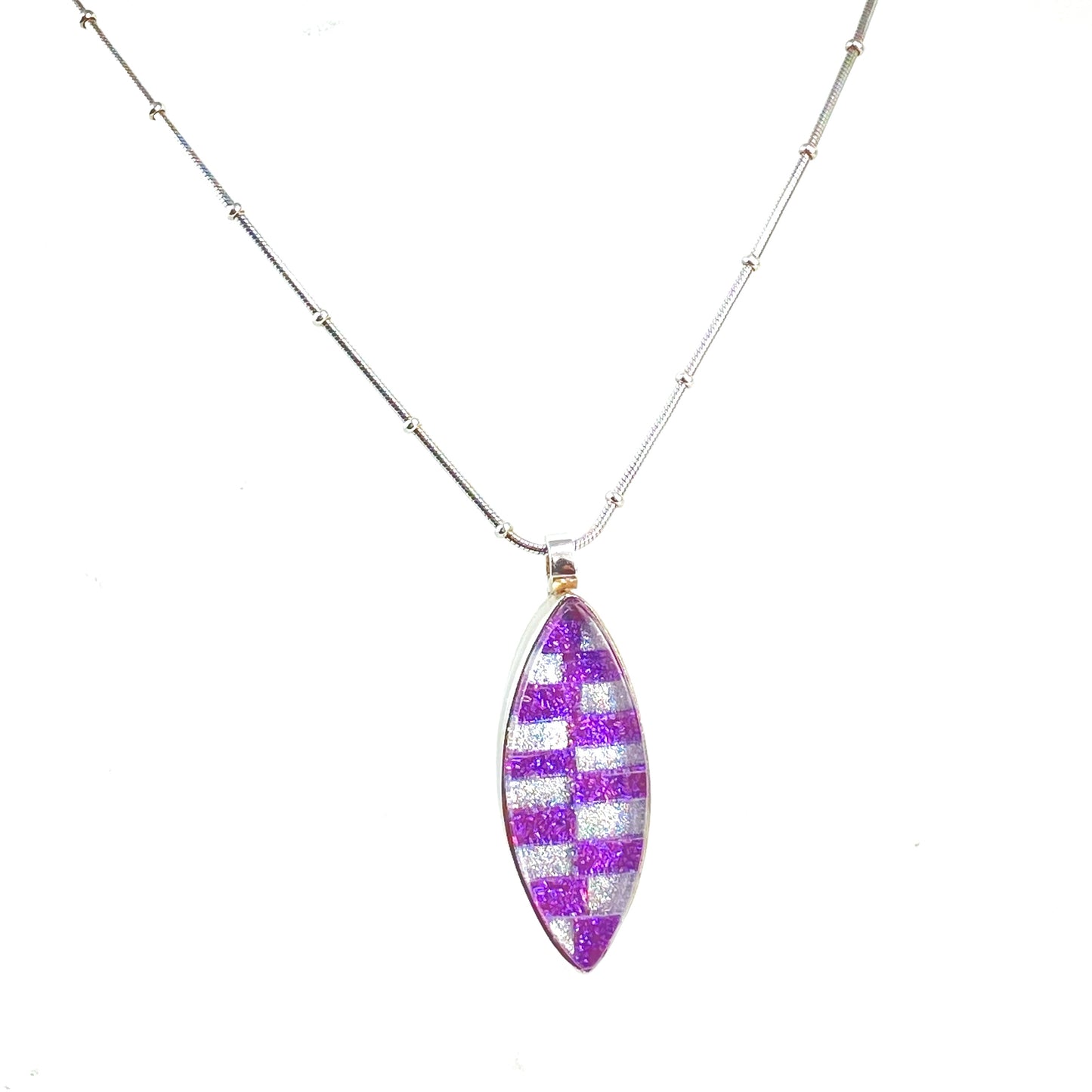 Two tone checkerboard marquise necklace in cotton candy pink and white pearl glass, fused glass, glass jewelry, glass and silver jewelry, handmade, handcrafted, American Craft, hand fabricated jewelry, hand fabricated jewellery, Athen, Georgia, colorful jewelry, sparkle, bullseye glass, dichroic glass, art jewelry