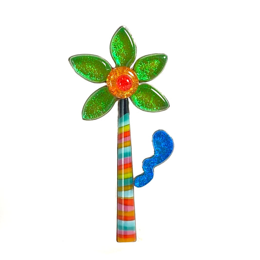 green, yellow and blue with stripes flower tree brooch fused glass, glass jewelry, glass and silver jewelry, handmade, handcrafted, American Craft, hand fabricated jewelry, hand fabricated jewellery, Athen, Georgia, colorful jewelry, sparkle, bullseye glass, dichroic glass, art jewelry