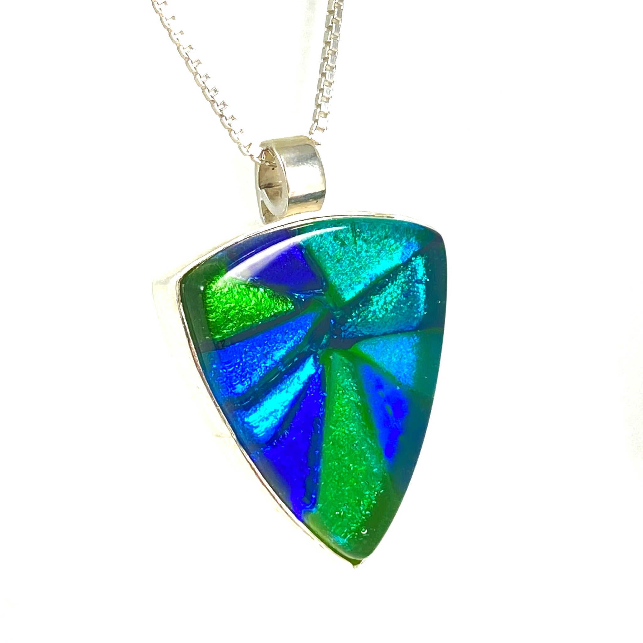 blue and green mixture necklace, fused glass, glass jewelry, glass and silver jewelry, handmade, handcrafted, American Craft, hand fabricated jewelry, hand fabricated jewellery, Athen, Georgia, colorful jewelry, sparkle, bullseye glass, dichroic glass, art jewelry