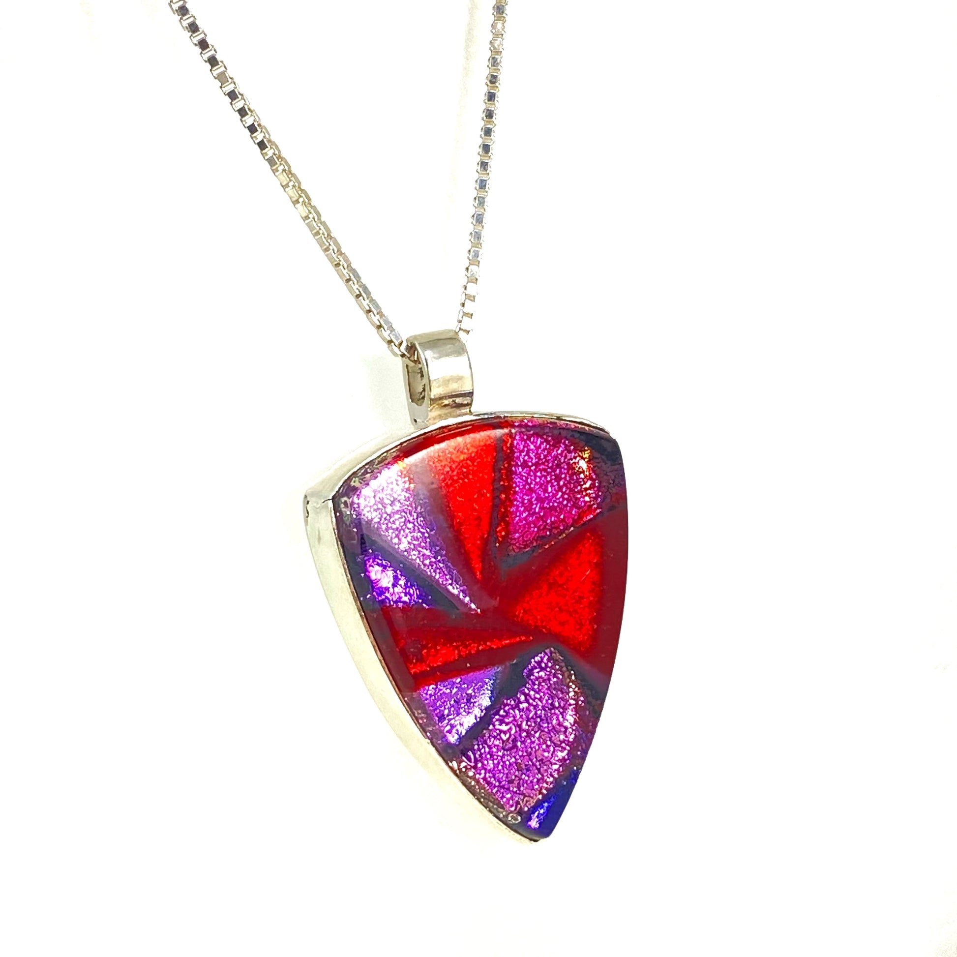 pink, red and purple mixture necklace, fused glass, glass jewelry, glass and silver jewelry, handmade, handcrafted, American Craft, hand fabricated jewelry, hand fabricated jewellery, Athen, Georgia, colorful jewelry, sparkle, bullseye glass, dichroic glass, art jewelry