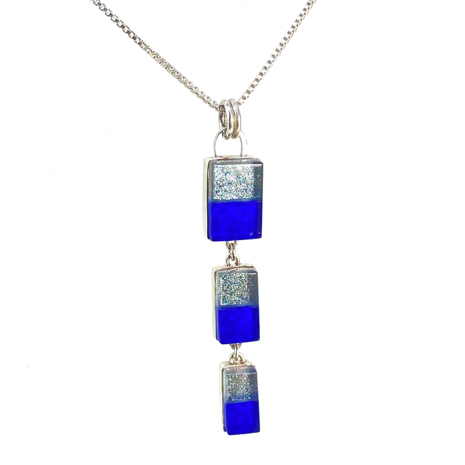 Triple drop rectangle necklace in platinum gray and cobalt blue glass, fused glass, glass jewelry, glass and silver jewelry, handmade, handcrafted, American Craft, hand fabricated jewelry, hand fabricated jewellery, Athen, Georgia, colorful jewelry, sparkle, bullseye glass, dichroic glass, art jewelry