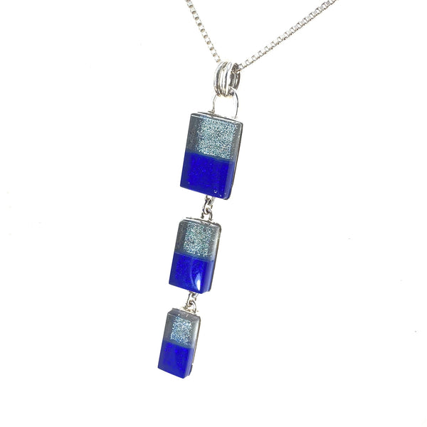 Triple drop rectangle necklace in platinum gray and cobalt blue glass, fused glass, glass jewelry, glass and silver jewelry, handmade, handcrafted, American Craft, hand fabricated jewelry, hand fabricated jewellery, Athen, Georgia, colorful jewelry, sparkle, bullseye glass, dichroic glass, art jewelry