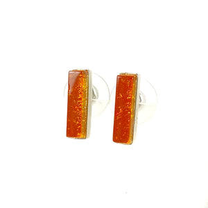 orange rectangle post earrings, fused glass, glass jewelry, glass and silver jewelry, handmade, handcrafted, American Craft, hand fabricated jewelry, hand fabricated jewellery, Athen, Georgia, colorful jewelry, sparkle, bullseye glass, dichroic glass, art jewelry